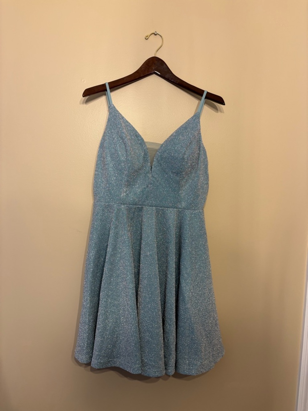 Mid length blue spaghetti strap sparkly dress
